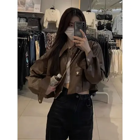 美式复古皮衣外套女2023新款爆款春秋薄款港风chic短款机车服上衣图片