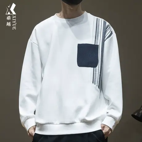 希越设计感个性拼色套头卫衣男400g重磅口袋贴布秋冬宽松大码上衣商品大图