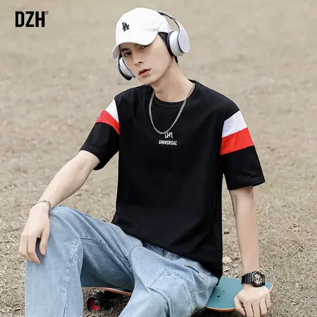 男士黑色短袖男设计感小众半袖t恤潮牌宽松五分袖2023年新款夏季商品大图