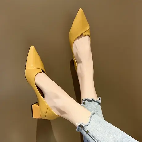 单鞋女2023新款春时尚韩版尖头浅口粗跟黑色职业工作鞋高跟鞋女鞋图片