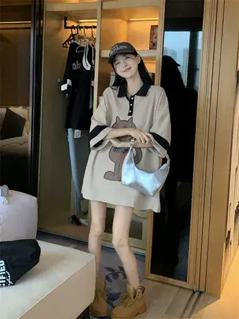 欧货大码夏装新款胖mm宽松减龄遮肚polo中长款短袖T恤女上衣200斤商品大图