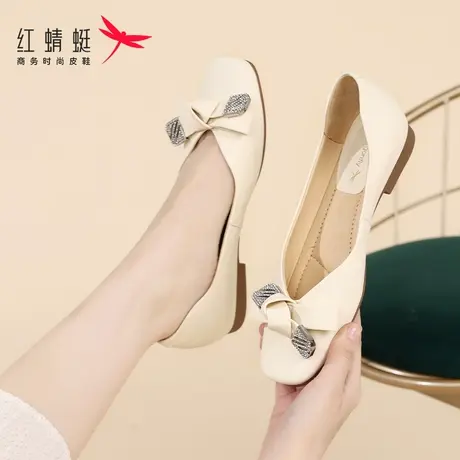 红蜻蜓女鞋秋季平底单鞋女皮面软底方头玛丽珍平底鞋一脚蹬小皮鞋图片