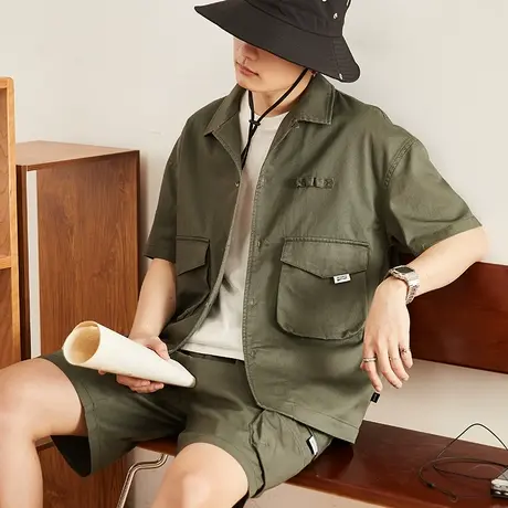 唐狮净色套装男夏季工装户外衬衫短裤两件套休闲运动套装前胸口袋商品大图