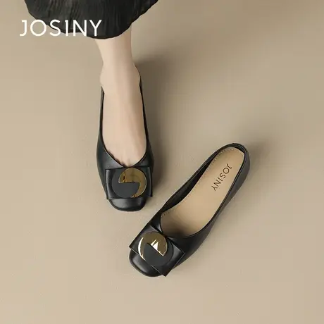 Josiny/卓诗尼粗跟单鞋2023秋季新款简约圆扣百搭浅口气质低帮鞋商品大图