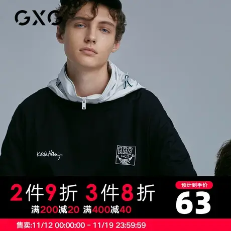 【新款】GXG男装 夏季黑色印花潮流短袖T恤男士GB144553C商品大图