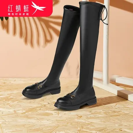 红蜻蜓女鞋2023新款潮流时尚百搭女长皮靴真皮冬季加绒保暖过膝靴图片