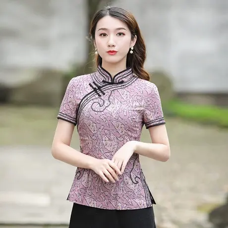 筠雅改良唐装女旗袍上衣夏茶服佛系女装年轻款复古民国风中式女装商品大图