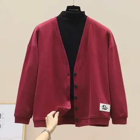 新款柔软针织卫衣女V领开衫上衣休闲宽松长袖短外套文艺纯色女装图片