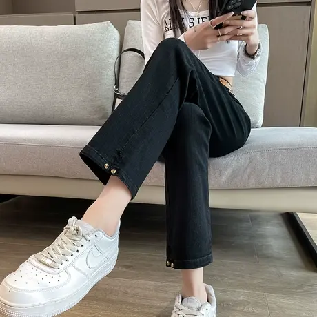 黑色直筒牛仔裤女春秋2023年新款高腰修身显瘦百搭宽松九分烟管裤商品大图
