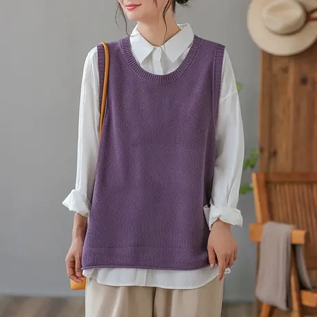 dza 复古棉线工字针织马甲背心女春秋内搭叠穿毛衣马夹休闲短上衣商品大图