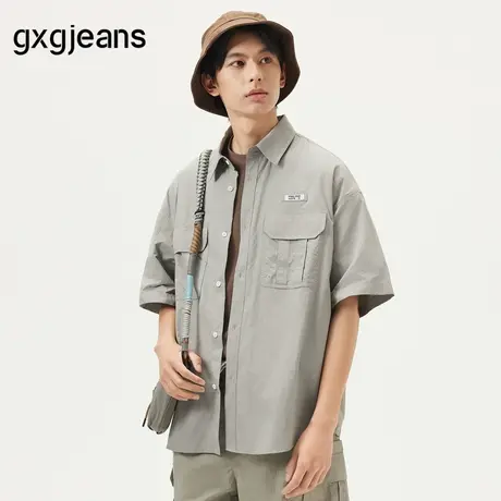 gxg.jeans男装 浅灰色工装口袋设计宽松短袖衬衫男士 25年夏新品商品大图