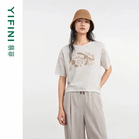 [专柜同款]Yifini/易菲简约文艺波浪印花宽松针织衫女百搭上衣夏商品大图