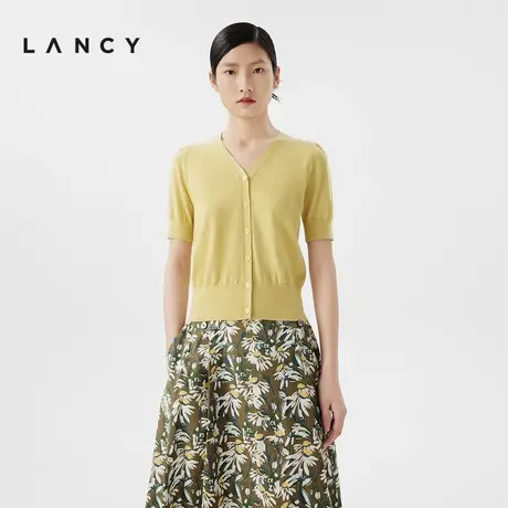 LANCY/朗姿2024夏季新款薄款羊毛v领针织开衫短袖小衫黄色上衣女商品大图