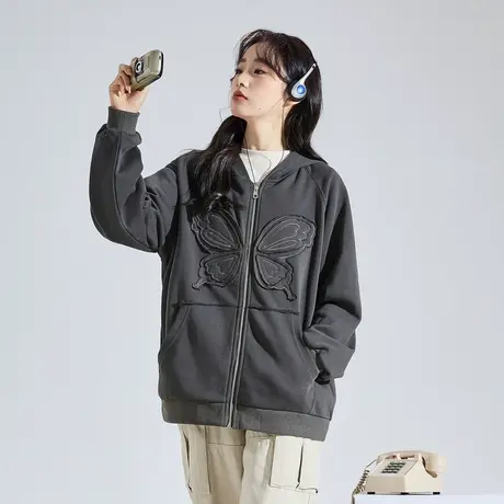 唐狮外套女秋冬季新款休闲连帽蝴蝶刺绣美式慵懒chic外套穿搭商品大图
