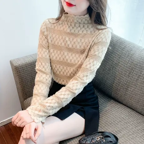 2023秋冬新款韩版修身显瘦立领纯色绒加厚漂亮长袖蕾丝衫打底衫女图片