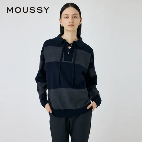 moussy春季新品撞色条纹绑带翻领针织衫慵懒感毛衣010HAA70-8551商品大图