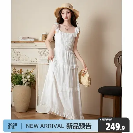唐狮2025夏季新款飞袖连衣裙女长裙白色蛋糕裙海边度假少女裙6.21商品大图