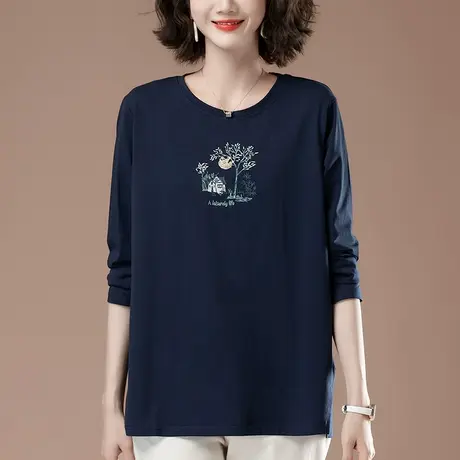 加大码长袖t恤女中年妈妈秋季宽松纯棉刺绣圆领遮肚子显瘦打底衫商品大图