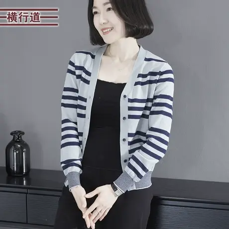 2023新款冬装V领条纹宽松针织外套大码妈妈外穿全棉女装开衫上衣图片