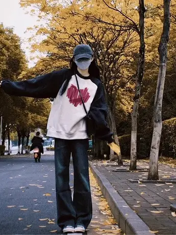 美式慵懒chic卫衣女小个子秋季大码情侣装套头上衣ins潮加绒外套图片