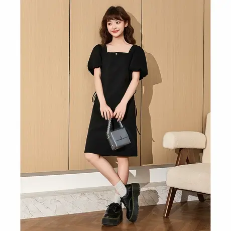 唐狮夏季黑色连衣裙女新款露腰设计感泡泡袖连衣裙夏季女装图片