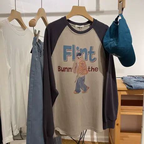 复古美式撞色兔子印花插肩袖T恤女2023春慵懒宽松休闲中长款卫衣商品大图