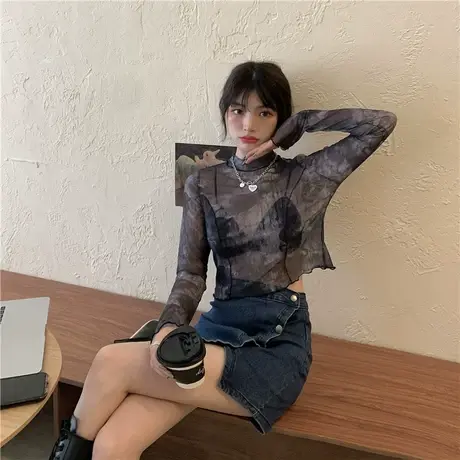 冰丝防晒打底衫女春秋2023新款韩版印花木耳透气内搭网纱长袖上衣商品大图