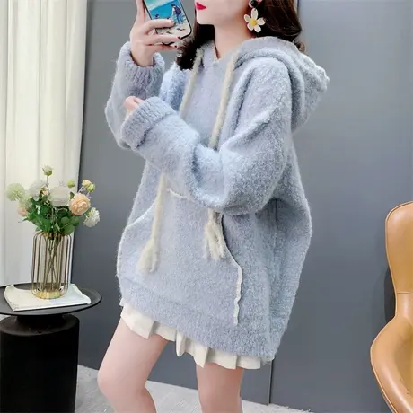 中长款软糯连帽套头毛衣女秋冬2024新款宽松慵懒风加厚外穿针织衫商品大图