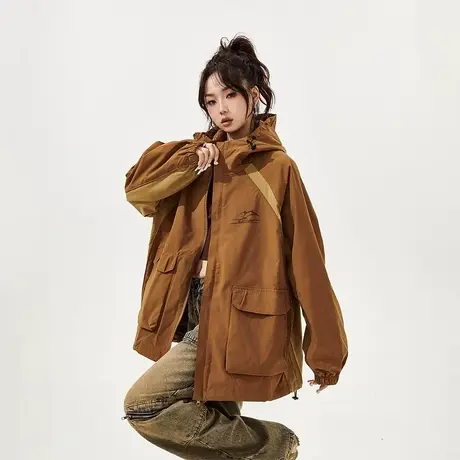 YEP户外连帽女春秋2023新款潮牌拼接工装外套美拉德夹克商品大图