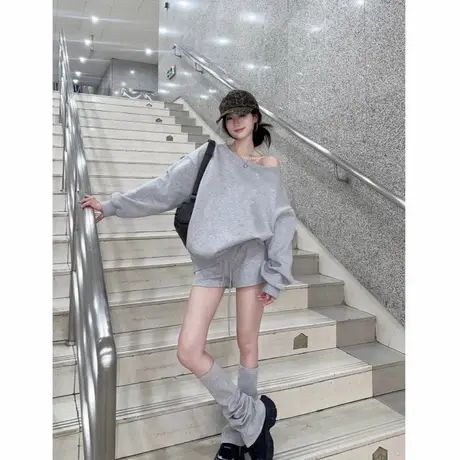 美式慵懒斜肩卫衣女早秋季2025新款松弛感oversize甜辣妹长袖上衣商品大图