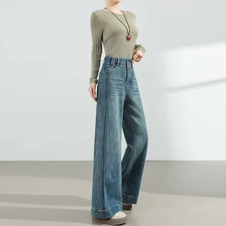 美式拼接阔腿牛仔裤女2025春秋新款高腰遮胯宽松显瘦直筒拖地裤子商品大图