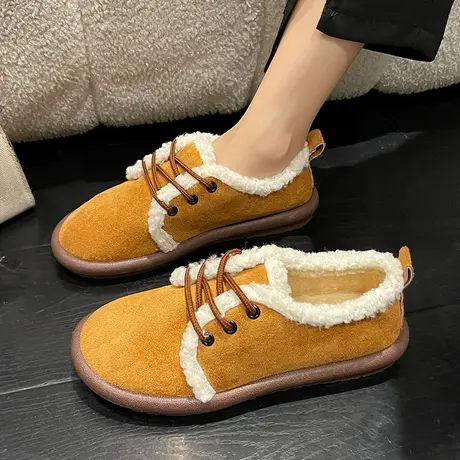2023日系复古单鞋学院风羊羔毛圆头舒适加绒保暖平底一脚蹬棉鞋女商品大图