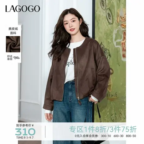 LAGOGO复古麂皮绒花苞外套女拉谷谷2025秋新款棕色琥珀流光风夹克商品大图