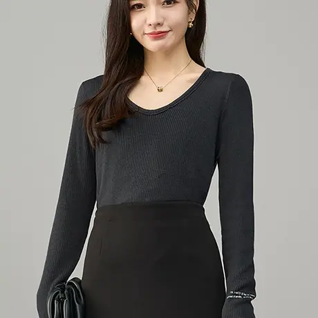 娅丽达复古v领修身羊毛针织衫女2025新款上衣显瘦纯色内搭打底衫商品大图