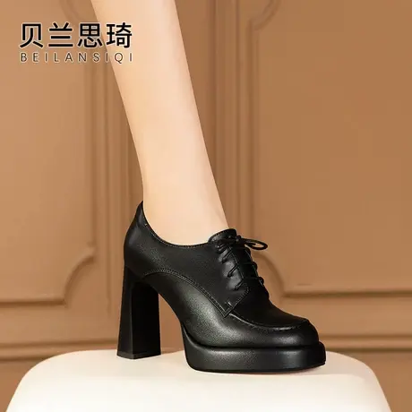 真皮圆头厚底系带粗跟单鞋女2025春秋季新款深口防水台高跟鞋商品大图