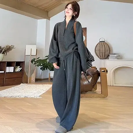 慵懒风半拉链卫衣+直筒阔腿裤两件套女2025秋季新款宽松显瘦套装商品大图