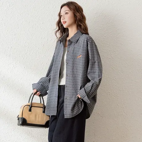 唐狮秋季长袖衬衫女藏青格纹衬衣复古气质休闲风高级感上衣BLtu图片