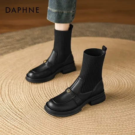 达芙妮黑色马丁靴女款2026新款秋冬英伦风加绒瘦瘦靴袜靴乐福短靴商品大图