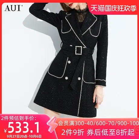 AUI小香风中长款呢子西装外套2023女冬新款修身气质黑色毛呢大衣图片