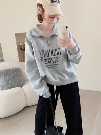 日系刺绣半拉链套头卫衣女秋季2023年新款宽松休闲百搭小个子上衣商品大图