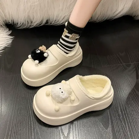 可爱毛毛球棉拖鞋女士冬季2023新款厚底包跟保暖防水防滑外穿棉鞋商品大图