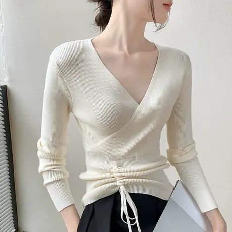 法式小香风V领长袖针织衫奶系穿搭早秋2023新品设计感小众打底衫商品大图