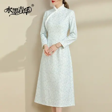 水墨青华2023冬季新款气质显瘦立领中式旗袍优雅百搭蕾丝连衣裙商品大图