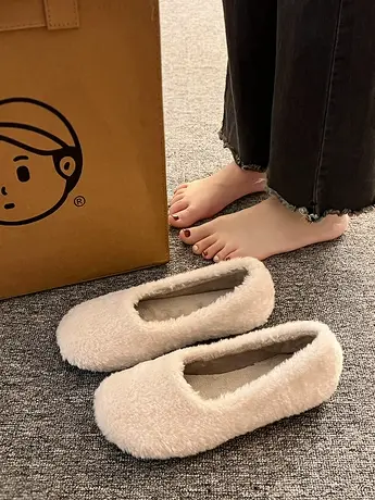 2023年新款毛毛鞋女冬季外穿平底豆豆鞋加绒棉鞋一脚蹬软底棉瓢鞋商品大图