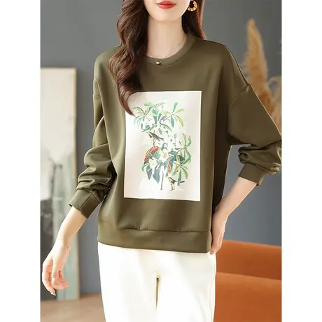 宝诗黎圆领印花棉质落肩上衣女韩版百搭2023秋季新款长袖宽松卫衣图片