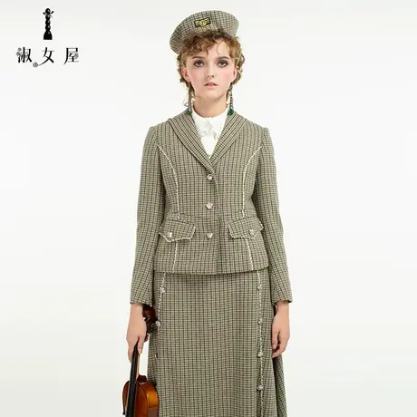 淑女屋旗舰店官网冬季女修身简约军绿格子军旅毛呢小西服西装外套图片