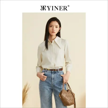 YINER音儿女装秋季长袖法式上衣polo领字母印花衬衫商品大图