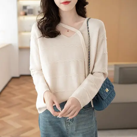 23103新款韩版宽松纯色V领系带长袖针织衫百搭毛衣女士打底衫图片