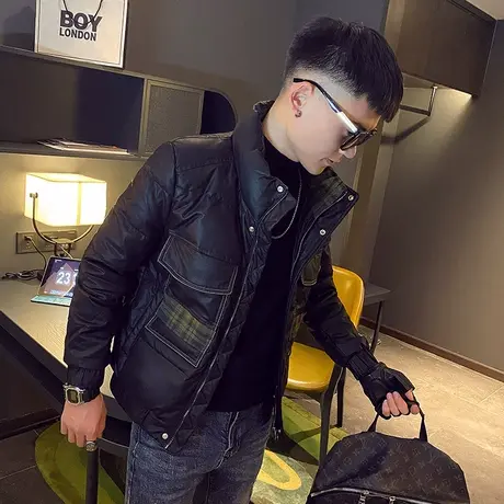 冬季男羽绒服外套修身潮流帅气加厚网红潮牌拼色工装口袋棉衣ins图片