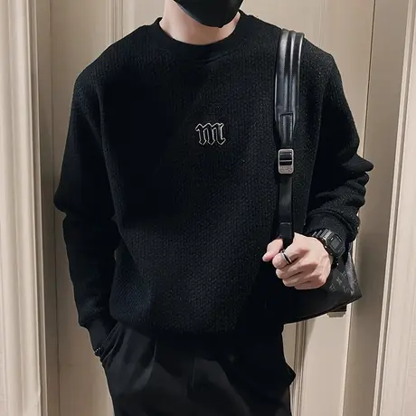 潮牌打底毛衣男冬季2023新款简约休闲刺绣字母上衣针织打底衫加厚商品大图
